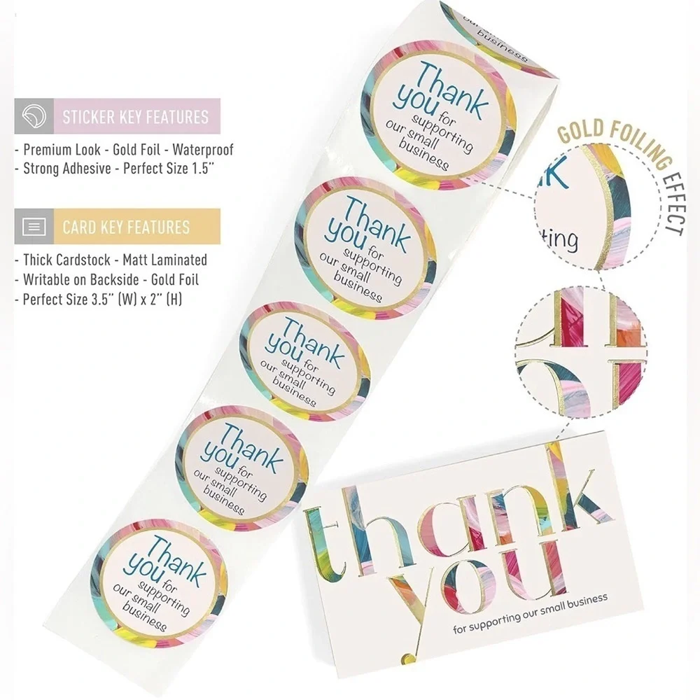 25 THANK YOU Business Cards + 25 Stickers, Starter Set, Colorful, Gold Foil